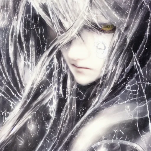 Image similar to Yoshitaka Amano blurred and dreamy illustration of an anime girl with a pirate eye patch, wavy white hair and cracks on her face wearing elden ring armour with the cape fluttering in the wind, abstract black and white patterns on the background, noisy film grain effect, highly detailed, Renaissance oil painting, weird portrait angle