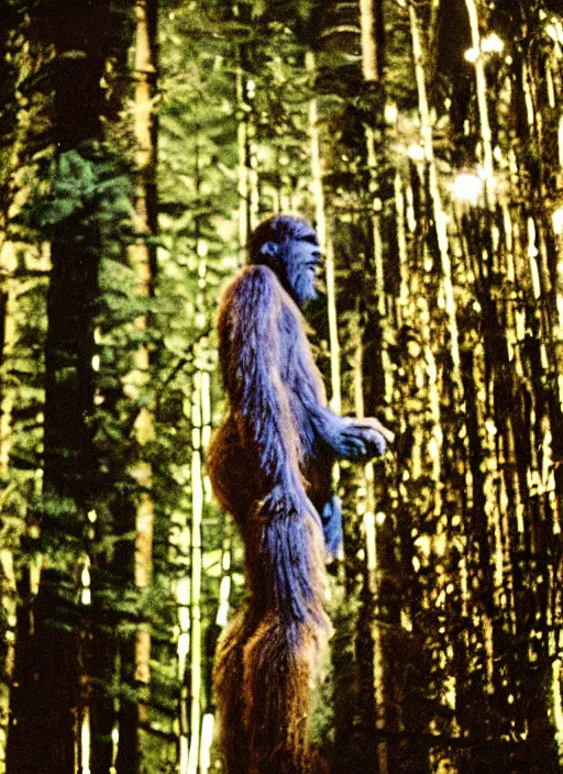 Prompt: a film photograph of bigfoot in the forests of seattle, neo noir style. cinematic. neon trees glow in the background. cinestill 8 0 0 t film. lens flare. helios 4 4 m