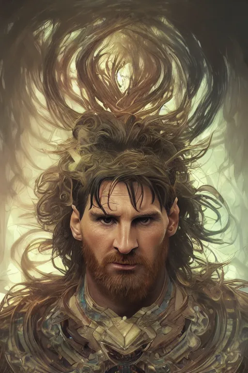 Image similar to portrait of lionel messi as a hulking herculean demon, forest, godlike, full body, fantasy, intricate, elegant, highly detailed, digital painting, artstation, concept art, sharp focus, illustration, art by artgerm and greg rutkowski and alphonse mucha