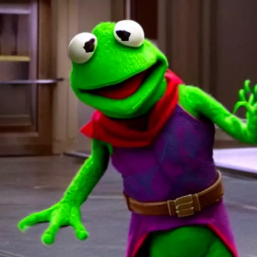 Image similar to still from marvel movie avengers 99 robert downey fighting evil kermit the frog 4k