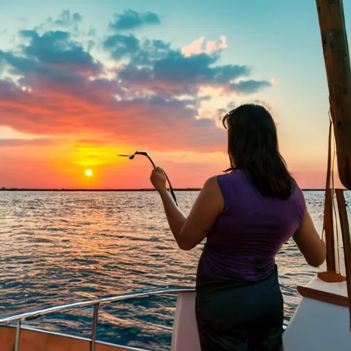 Prompt: A woman applying paint on a boat, high res, sunset in the background