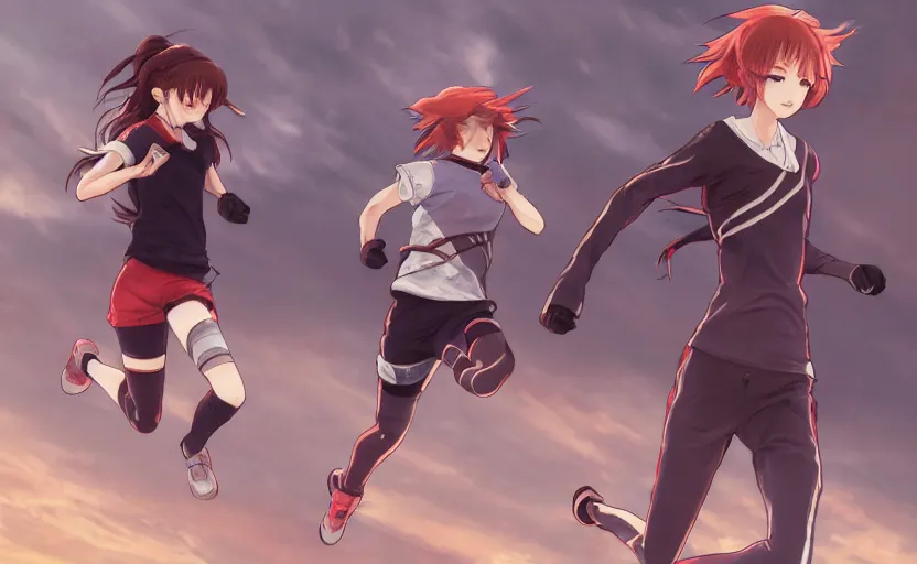 Prompt: anime style, a girl is running, red sport clothing, marathon, brown short hair, hair down, symmetrical facial features, from arknights, hyper realistic, rule of thirds, extreme detail, detailed 4 k drawing, safebooru, realistic lighting, by alphonse mucha, greg rutkowski, sharp focus, backlit