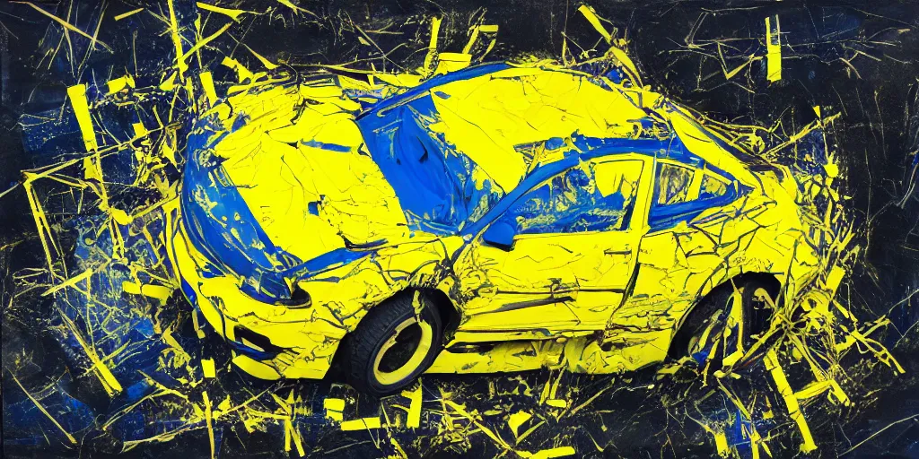 Image similar to rendered in blender car crash test, yellow, blue and black, collage paper and tape, acrylic on canvas, hyperrealism mixed with expressionism, high resolution, cinematic, unreal 6, breathtaking detailed, by blake neubert