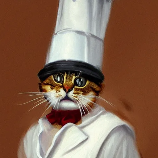 Prompt: head and shoulders masterpiece portrait of a cute adorable cat wearing a chef hat, preparing a fancy lunch in a European bistro, digital art by Krenz Cushart, trending on artstation, cgsociety,