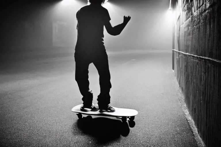Prompt: grimace on skateboard, horror film still, dark atmosphere, found footage, nightmare, unsettling, cinematic, dim lighting, pain, agony, suffering