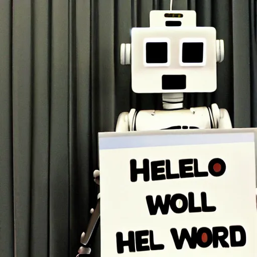 Image similar to a robot holding a sign that reads 'hello world'