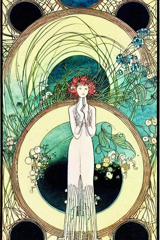 Prompt: a wooden barrel in the center of a floral frame, art by kay nielsen and walter crane, illustration style, watercolor