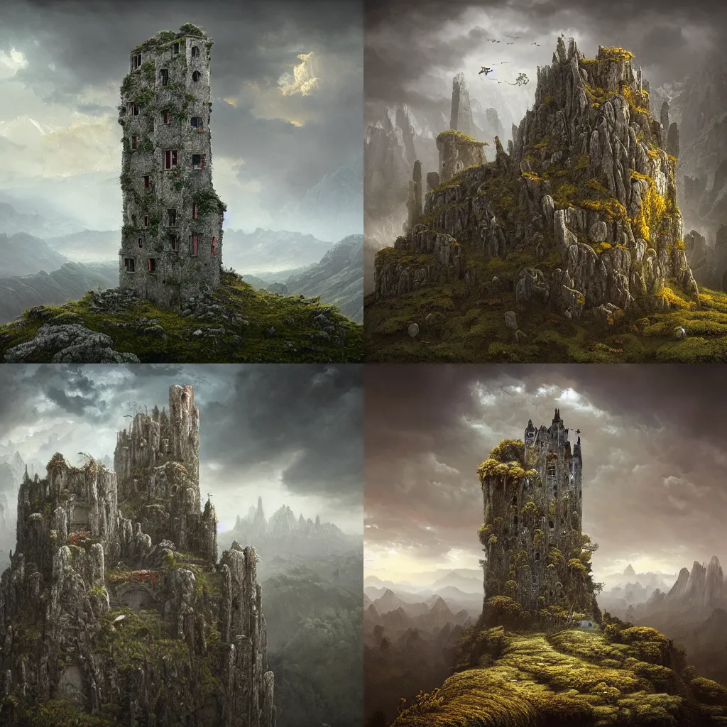 Prompt: ruined, covered by lichen skyscraper with many windows on top of mountain, by amandine van ray and christophe vacher, cloudy, dreamy, detailed, 4k resolution