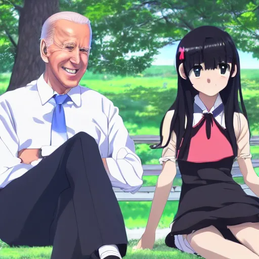 Prompt: photorealistic Joe Biden meets a beautiful smiling anime girl with black hair and hime cut sitting under a tree, anime key visual, digital art, anime screenshot, kyoto animation, makoto shinkai, trending on artstation
