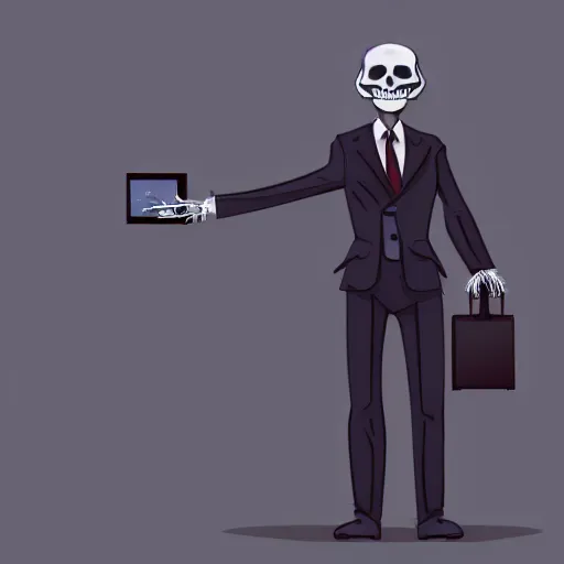 Prompt: an skeleton businessman posing for the camera, angled shot fixing a modem, sharp lines, digital, artstation, colored in