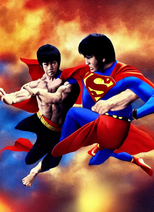 Image similar to Poster Bruce lee fights with superman, , full body, detailed and realistic, 4k, filmic render