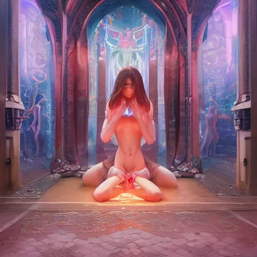 Image similar to Art station concept of a beautiful girl kneeling in front of a religious shrine, Hypnosis, Trance, symmetrical face, smooth body features, by Stanley Artgerm Lau, WLOP, Rossdraws, James Jean, Andrei Riabovitchev, Marc Simonetti, and Sakimichan, trending on artstation