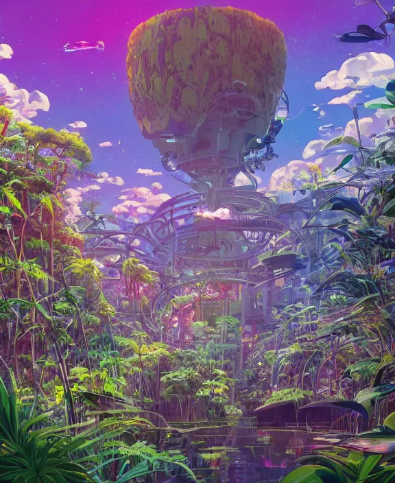 Prompt: simplicity, an amusement park made out of predatory organic creatures, in the style of an asymmetrical spaceship, overgrown with orchids, partly cloudy, sun - drenched, by dan mumford, yusuke murata, makoto shinkai, ross tran, cinematic, unreal engine, cel shaded, featured on artstation, pixiv