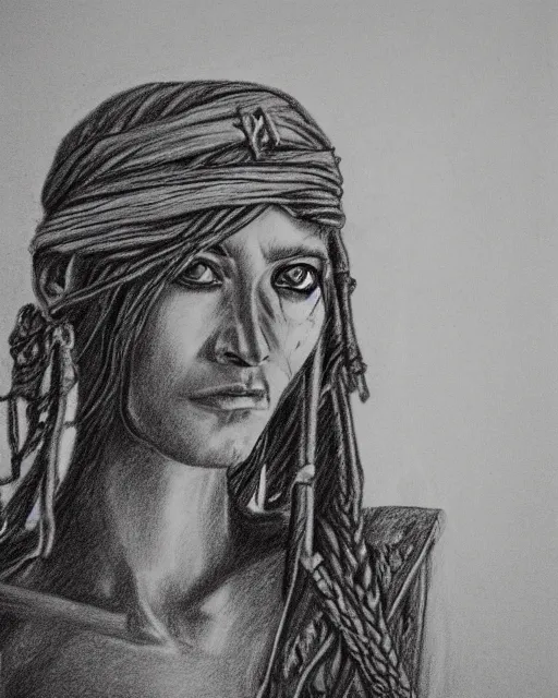 Image similar to A beautiful woman warrior on a faded background of a pirate ship at a deserted island, realism pencil drawing on white paper, bald lines