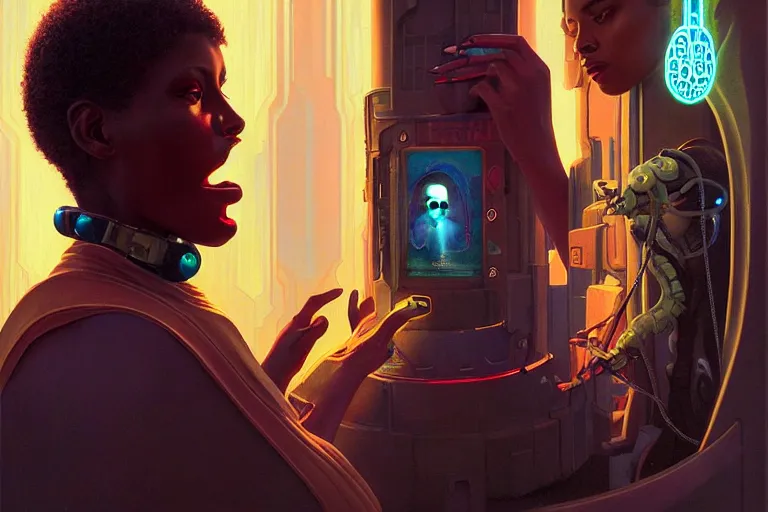 Prompt: patron saint 👩🏾 talking with machine, futuristic clothing, worm hole, neon god of city character portrait, in the style of moebius, wlop, tom bagshaw, and waterhouse, cinematic lighting, beautiful, elegant, oil painting,