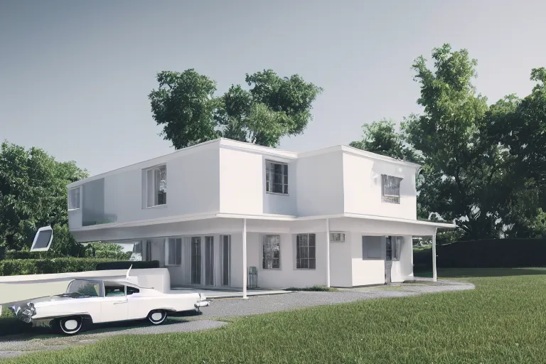 Image similar to a house in the 1 9 5 0's future house, retropunk, lawn, trees, white picket fence, futuristic car parked on the driveway, realistc octane render, depth of field, soft lighting, 8 k