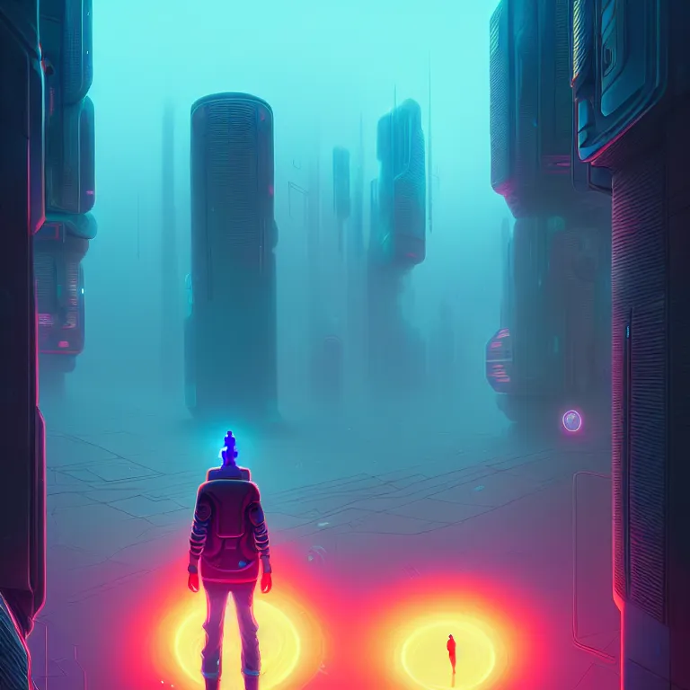 Image similar to a person standing in front of a portal, cyberpunk, epic surrealism, detailed digital matte painting in the style of simon stalenhag, josan gonzalez, artstation, psychedelic