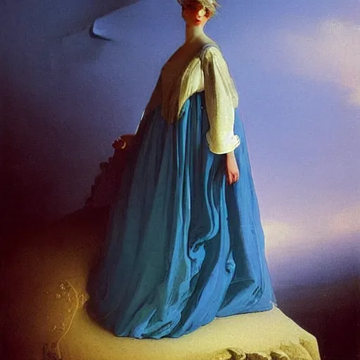 Image similar to young woman's face, her hair is white and she wears a cobalt blue duchesse satin cloak, by ivan aivazovsky and syd mead and moebius and roger dean and aelbert cuyp and willem claesz and pieter claesz and paul delaroche and alma tadema, hyperrealistic, volumetric light, octane