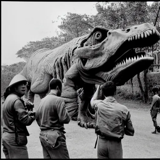 Image similar to soldiers taking a picture with a tyrannosaurus rex in the vietnam war, black and white, eddie adams, david burnett, robert capa, al chang, niel davis, marc riboud