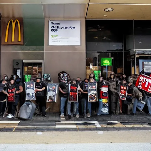 Image similar to orcs standing outside of a McDonald’s, protesting, the working conditions