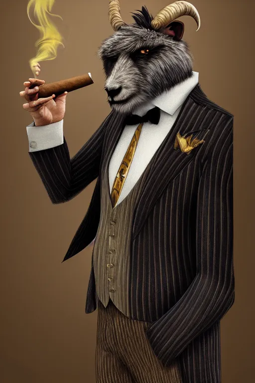 Image similar to beautiful portrait commission of a male furry anthro mountain goat wearing a pinstripe suit and waistcoat and smoking a cigar, award-winning, detailed, trending on artstation