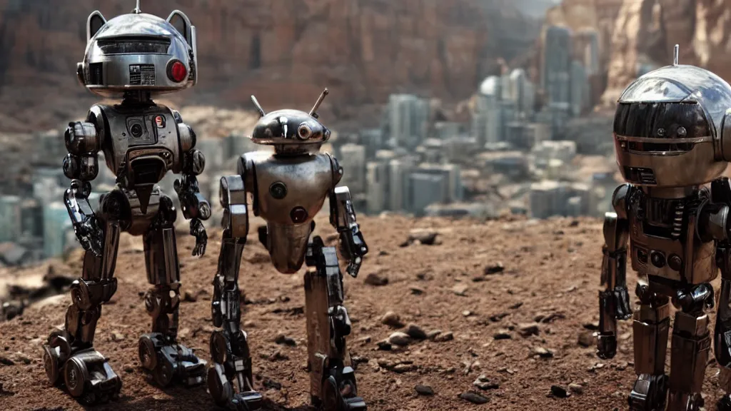 Image similar to film still from the movie chappie of the robot chappie shiny metal outdoor planet mars red rock scene bokeh depth of field several figures furry anthro anthropomorphic stylized cat ears head android service droid robot machine fursona