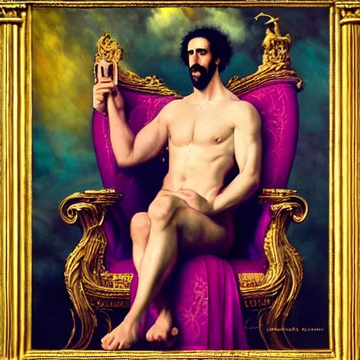 Prompt: A majestic portrait of Sasha Baron Cohen, on a Baroque throne, titian, Tom Bagshaw, Sam Spratt, maxfield parrish, gustav klimt, high detail, 8k, underwater light rays, intricate, royalty, vibrant iridescent colors, art nouveau, yellow navy teal black and gold