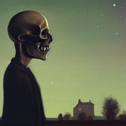 Image similar to a portrait of a lonely man with a skull as his head, green dramatic and cinematic light from the streetlight, the background is the sky full of stars, in the style of edward hopper, 4 k,