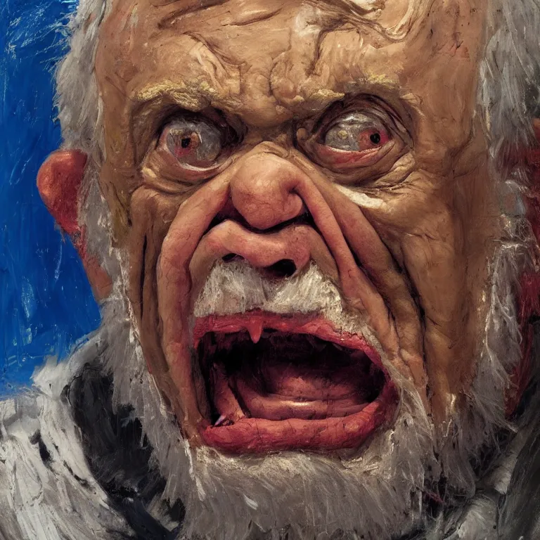 Prompt: warmly lit close up studio portrait of very old angry! Sully from Monster's Inc age 115 angrily singing, impasto oil painting thick brushstrokes by Cy Twombly and Anselm Kiefer , trending on artstation dramatic lighting Expressionism