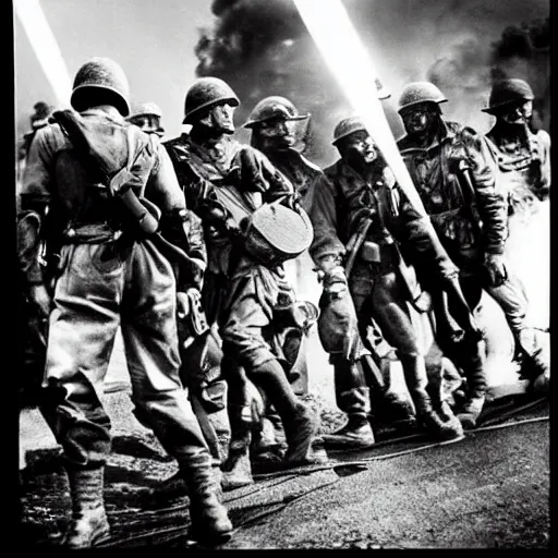 Image similar to wwii photograph, superheroes at war, dramatic lights