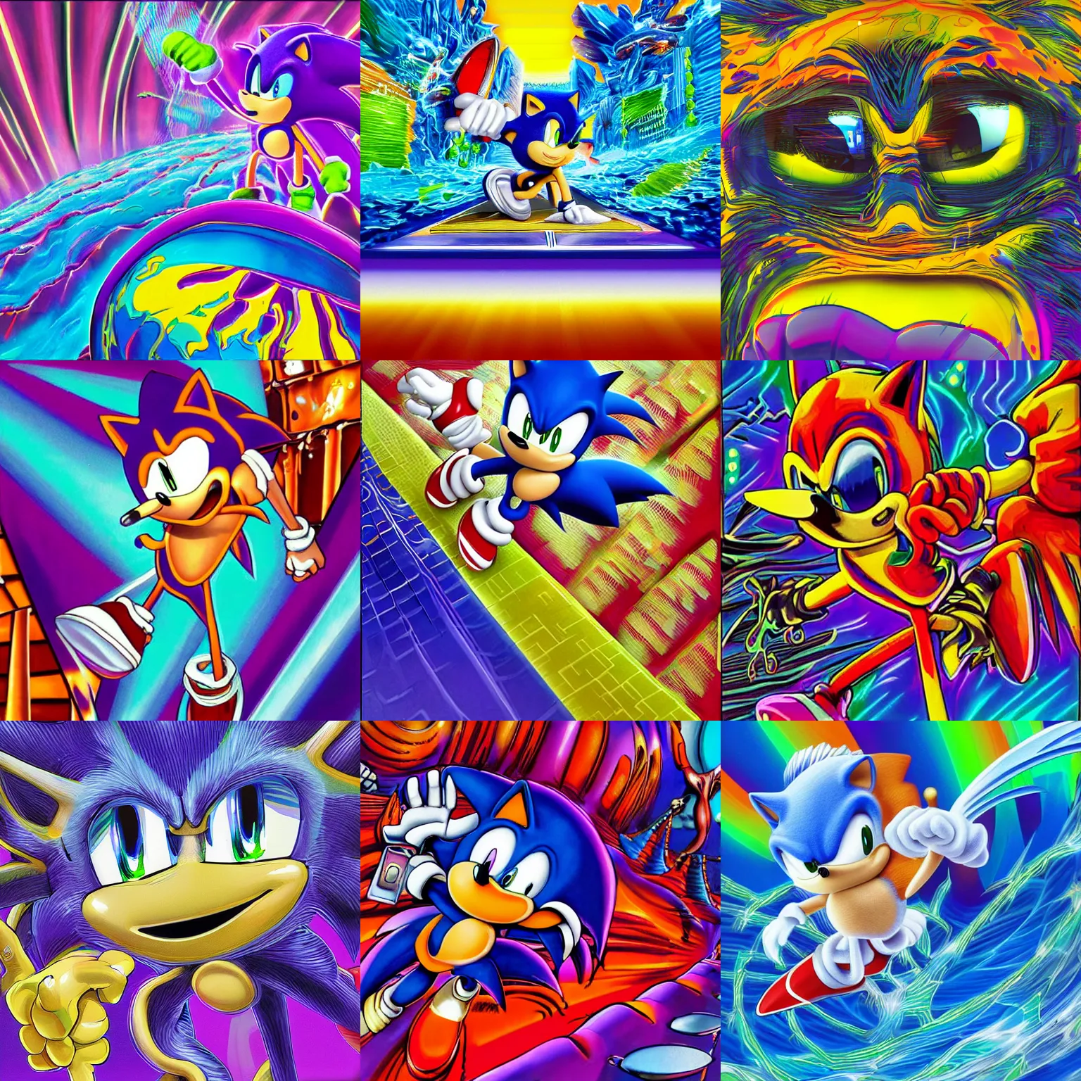 Prompt: sonic closeup of surreal, sharp, detailed professional, high quality airbrush art MGMT album cover of a liquid dissolving LSD DMT sonic the hedgehog surfing through cyberspace, purple checkerboard background, 1990s 1992 Sega Genesis video game album cover