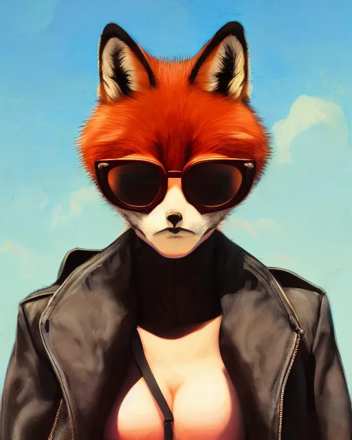 Prompt: anthropomorphic badass fox wearing a leather jacket and sunglasses. Vivid colors, soft lighting, atmospheric, cinematic, moody, in the style of Ilya Kuvshinov and Range Murata, Krenz Cushart, rule of thirds, oil on canvas, 8k.