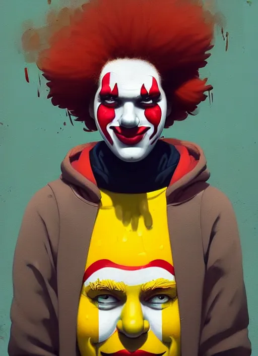 Image similar to highly detailed portrait of ronald mcdonald, red afro, yellow hoodie, white facepaint by atey ghailan, by greg rutkowski, by greg tocchini, by james gilleard, by joe fenton, by kaethe butcher, gradient blue, black, brown and cyan color scheme, grunge aesthetic!!! ( ( graffiti tag wall background ) )