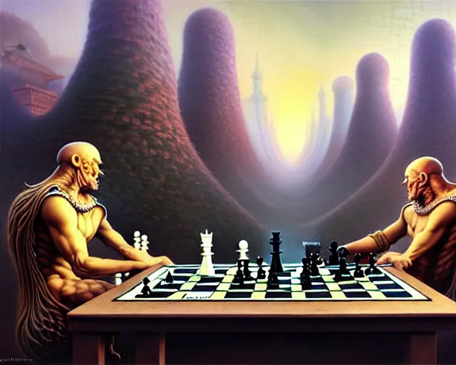 Image similar to street view of two gods playing chess with humans, fantasy landscape made of fractals facing each other, ultra realistic, wide angle, intricate details, the fifth element artifacts, highly detailed by peter mohrbacher, hajime sorayama, wayne barlowe, boris vallejo, aaron horkey, gaston bussiere, craig mullins