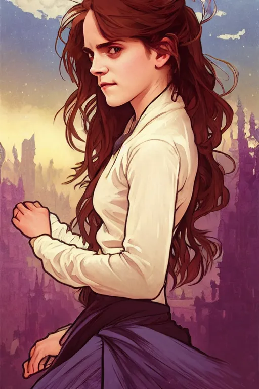 Image similar to Poster artwork, Emma Watson as Hermione Granger, medium shot, details, sharp focus, illustration, by Jordan Grimmer and Alphonse Mucha and greg rutkowski and PiNe(パイネ) and 薯子Imoko and 香川悠作 and maya takamura, intricate, beautiful, Trending artstation, pixiv, digital Art