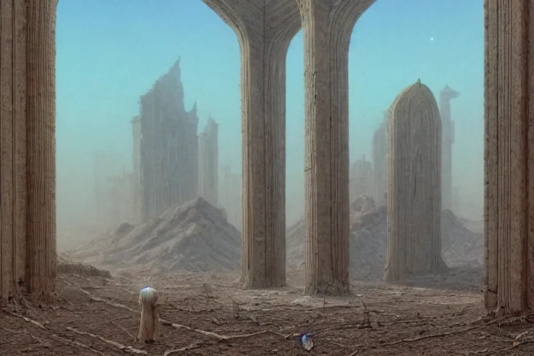 Image similar to intricate, 3 d, endless wastes vast desert abandoned buildings, style by caspar david friedrich and wayne barlowe and ted nasmith