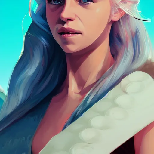 Prompt: portrait of daenerys targaryen from game of thrones, desert background, rich vivid colors, ambient lighting, dynamic lighting, 4k, HQ, official media, anime key visual, makoto shinkai, ilya kuvshinov, lois van baarle, rossdraws, detailed, trending on artstation