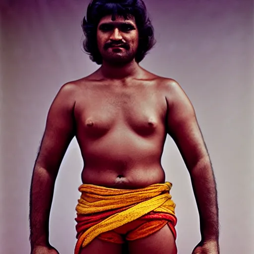 Image similar to color photo, portrait of indian kushti wrestler by richard avedon, realistic, Leica, medium format, cinematic lighting, parallax, high resolution,