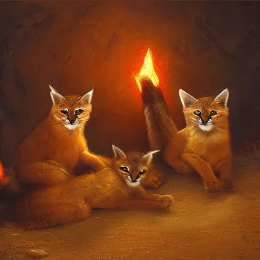 Image similar to three cute caracals wearing red ties, campfire, night, atmospheric lighting, intricate, volumetric lighting, digital art, highly detailed by gaston bussiere, craig mullins, j. c. leyendecker 8 k