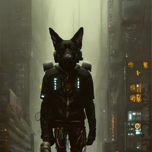 Image similar to new york city portrait of furry anthro anthropomorphic german shepard head animal person fursona wearing clothes strange cybernetic muzzle gloomy rainy cyberpunk digital art by Greg Rutkowski, Simon Stalenhag, trending on Artstation, CGSociety