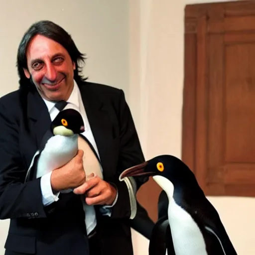 Prompt: a photo of nestor kirchner with a penguin