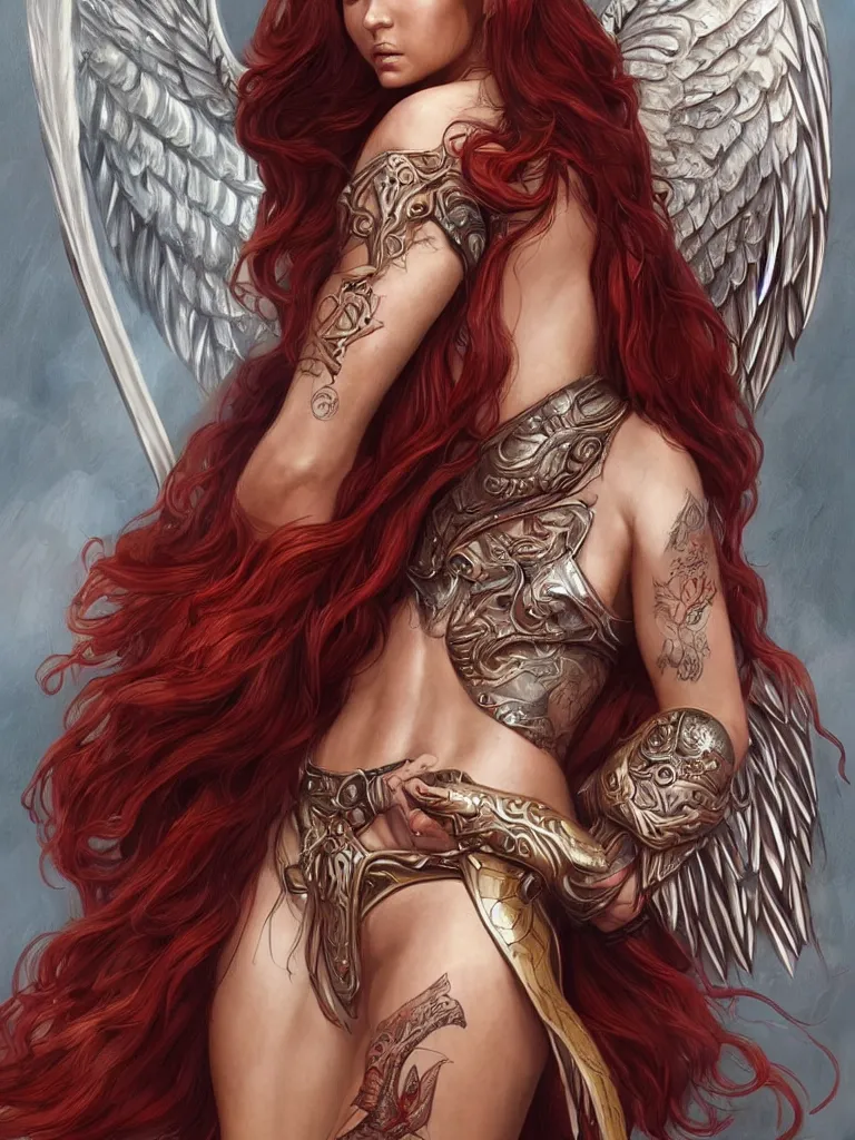 Prompt: a whole body D&D style illustration of Adriana as a warrior angel woman with angel wings wide opened , covered by elfish tattoos and wavy red hair, intricate, elegant, highly detailed, digital painting, artstation, wallpaper!, concept art, smooth, sharp focus, high fantasy illustration, art by artgerm and Vasylina, and Peter Andrew Jones