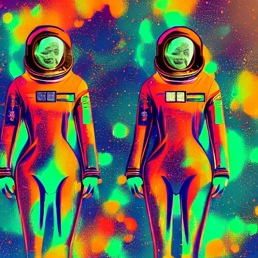 Image similar to portrait of two astronaut girls in tight chromatic suit by Petros Afshar and Beeple, highly detailed