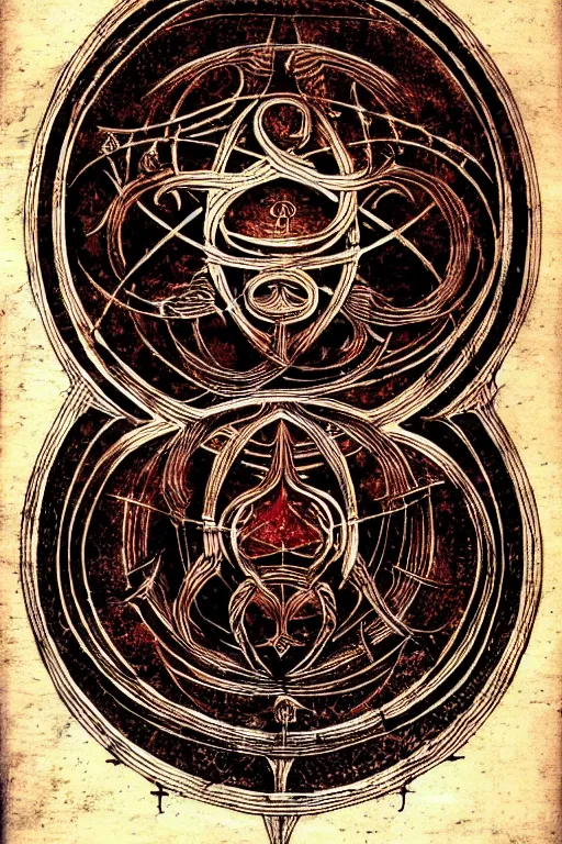 Prompt: masterpiece, symmetrical occult summoning sigil calligraphy, old stained paper texture, elegant crimson and black ink linework, by leonardo da vinci, h. r. giger, biomechanical, alchemy, monogram