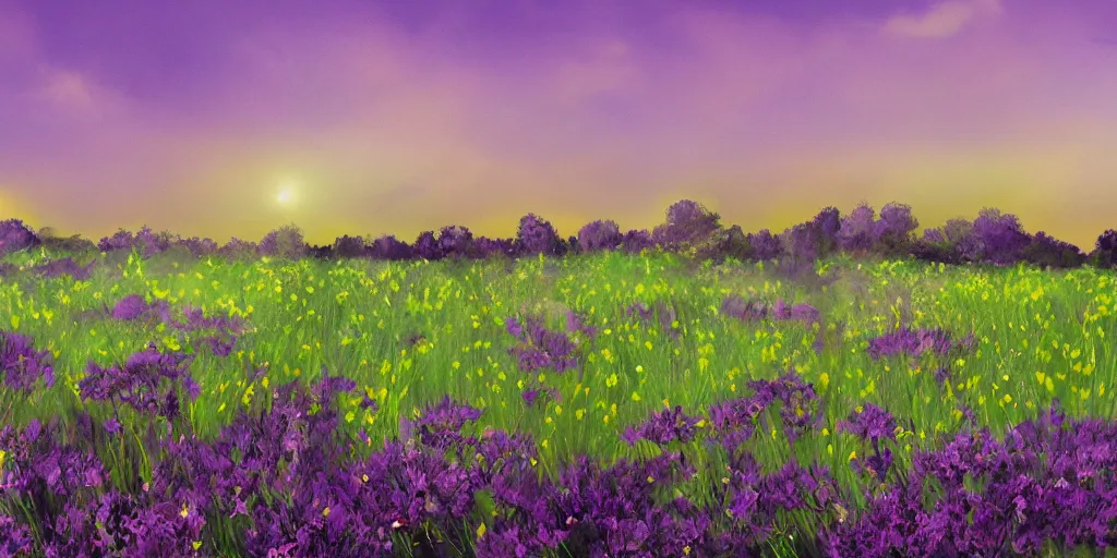 Image similar to field of green daisies, purple sky in background, matte painting