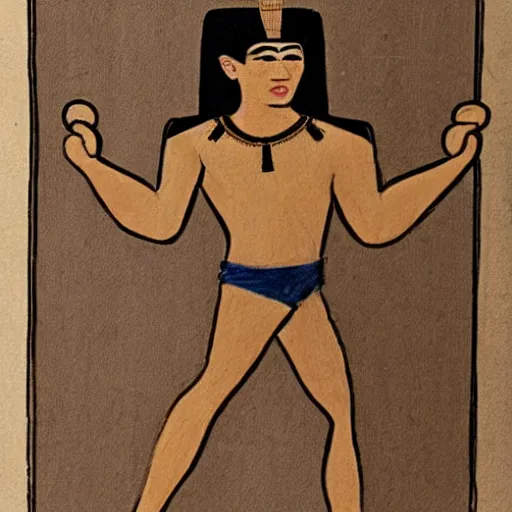 Prompt: Egyptian drawing of a man using a shake weight, ancient, photorealistic