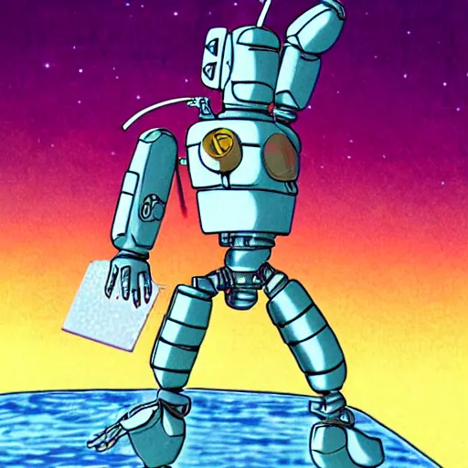 Prompt: bender reaching for the moon, full body, in the style of yoshitaka amano