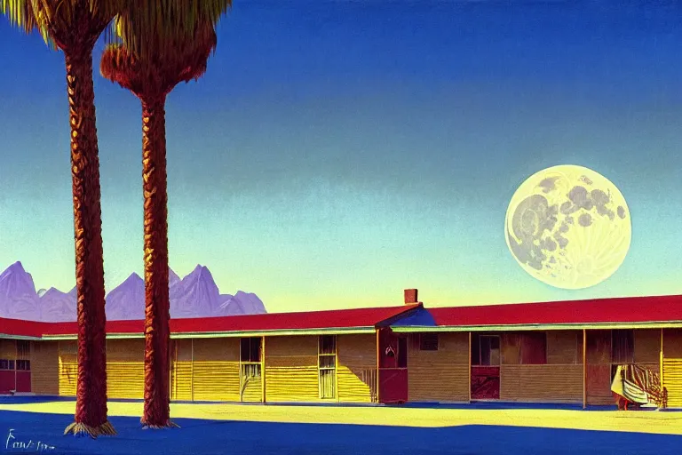 Image similar to natural american landscape | abandoned motel | palm trees | snowy mountains | moon in sky, painting by syd mead and weta studio and moebius and james jean and frank frazetta, highly detailed, rule of third, soft lighting, 8 k resolution, oil on canvas, architectural magazine, beautiful detailed, insanely intricate details, artstation trending, hypermaximalistic, high details, cinematic