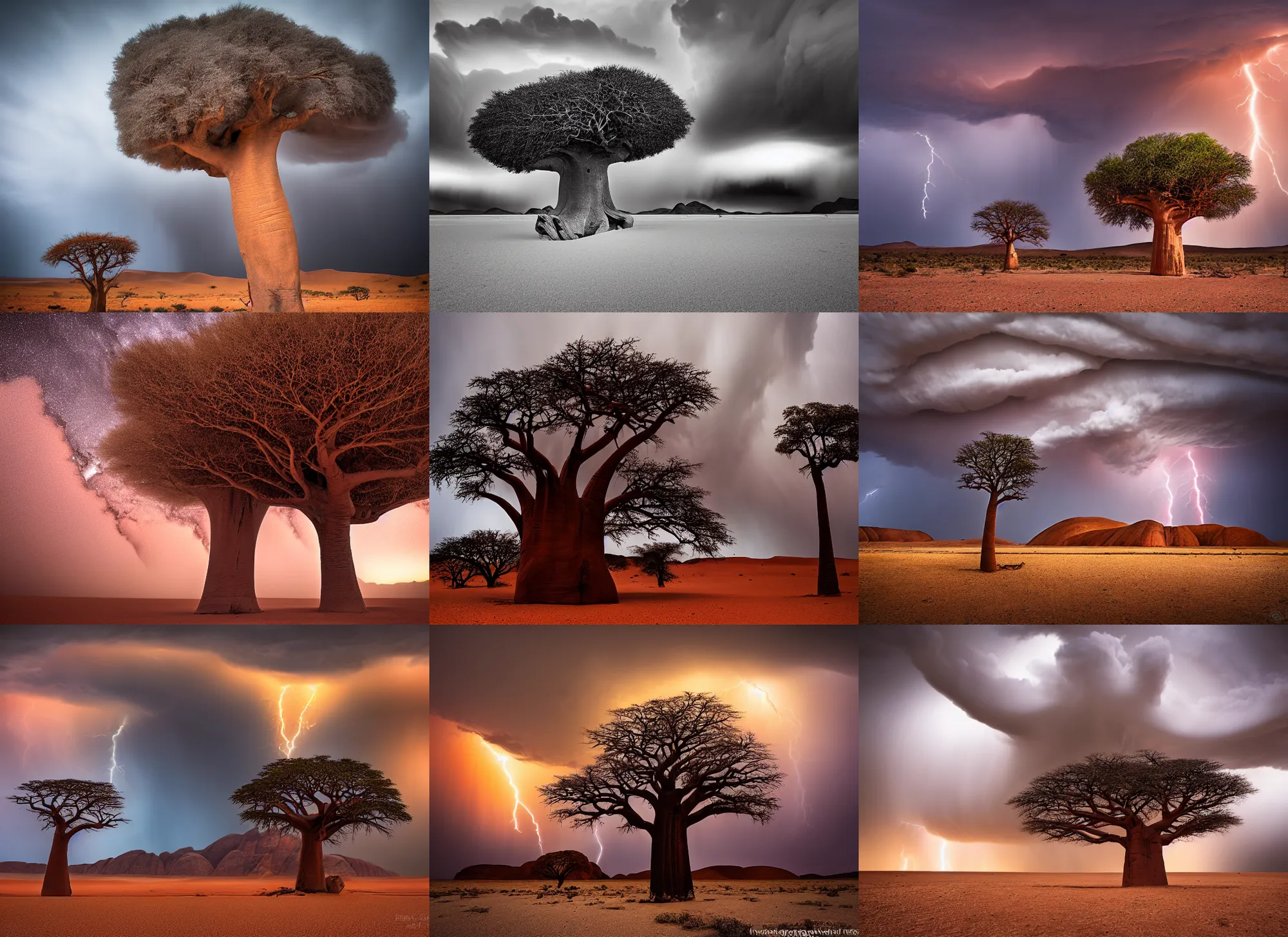 Prompt: a dramatic landscape photo by ryan dyar of a thunderstorm over a lonely baobab tree in the namib desert, highly detailed, 1 4 mm f 1. 4 lens, nikkor, canon