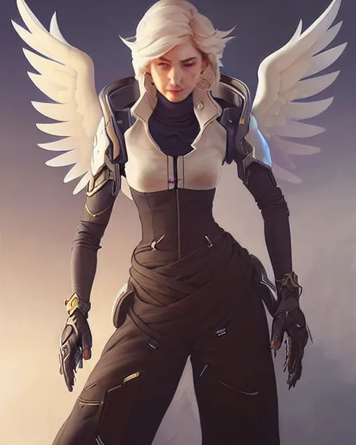 Image similar to mercy from overwatch, character portrait, concept art, intricate details, highly detailed by greg rutkowski, michael whelan and gustave dore